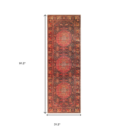 7' Brown Medallion Stain Resistant Runner Rug