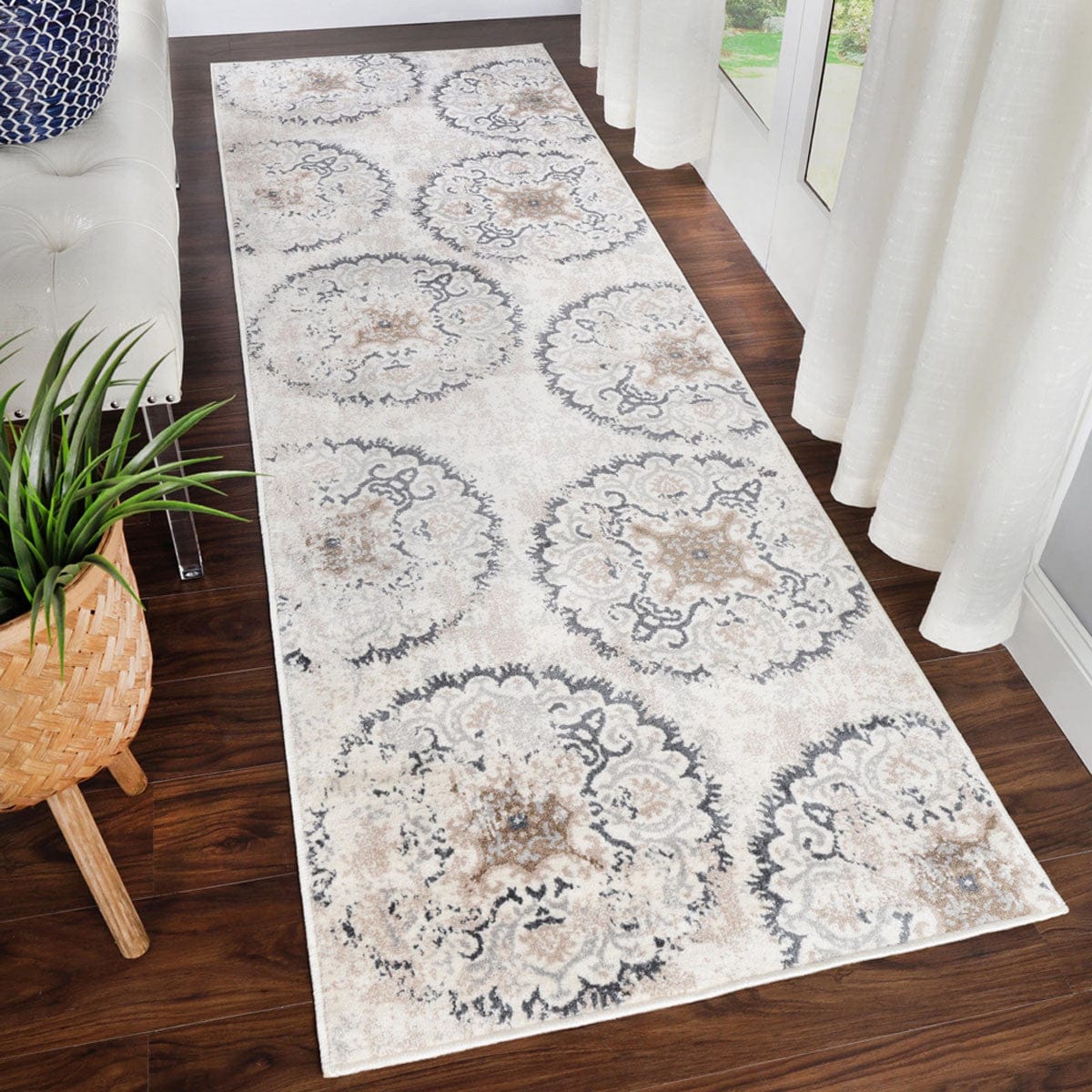 8' Ivory Geometric Medallion Stain Resistant Runner Rug