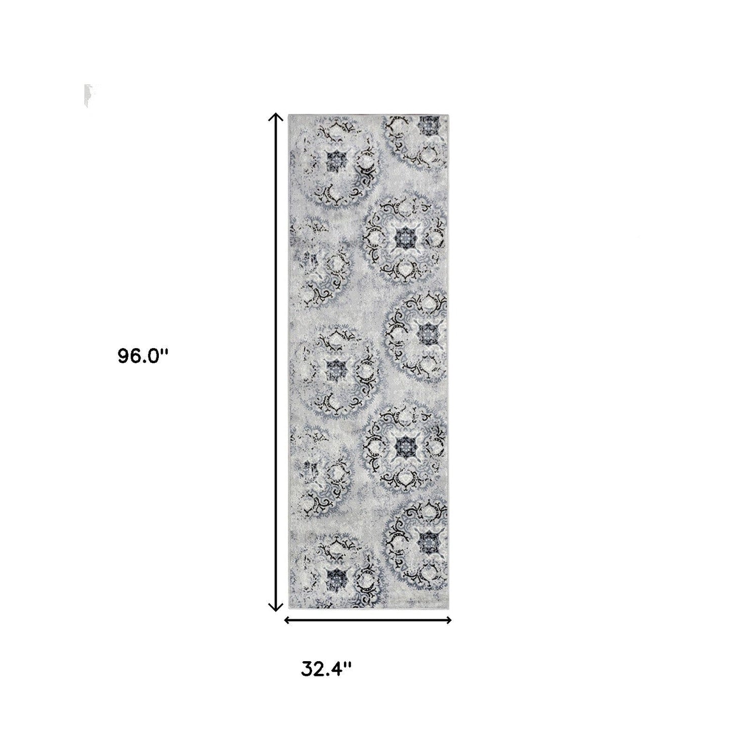 8' Silver And Gray Geometric Medallion Stain Resistant Runner Rug