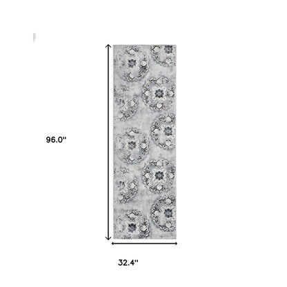 8' Silver And Gray Geometric Medallion Stain Resistant Runner Rug