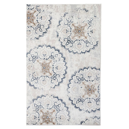 5' X 8' Ivory Geometric Medallion  Stain Resistant Area Rug