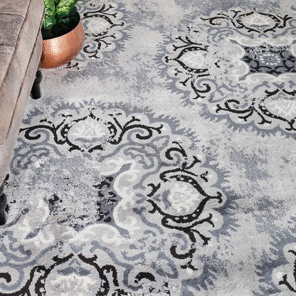 8' X 10' Silver And Gray Geometric Medallion Stain Resistant Area Rug