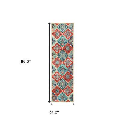 8' Blue And Rust Wool Geometric Tufted Stain Resistant Runner Rug