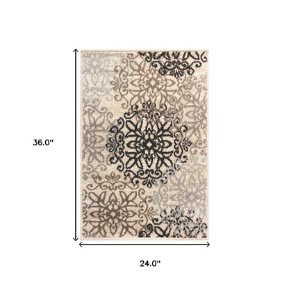 2' X 3' Tan Gray And Black Floral Medallion Stain Resistant Area Rug