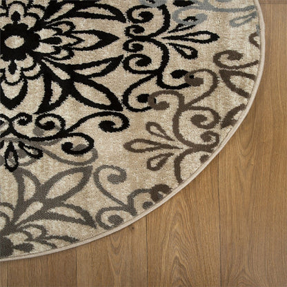 5' Round Tan Gray And Black Round Floral Medallion Stain Resistant Area Rug