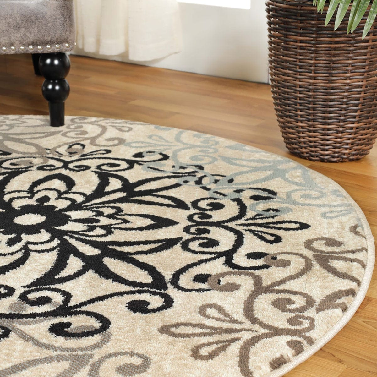 5' Round Tan Gray And Black Round Floral Medallion Stain Resistant Area Rug