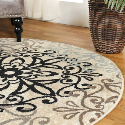5' Round Tan Gray And Black Round Floral Medallion Stain Resistant Area Rug