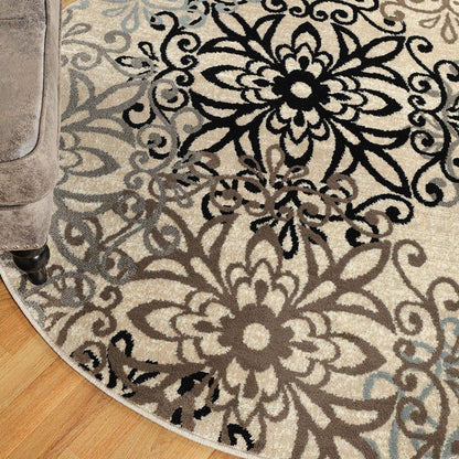 8' Round Tan Gray And Black Round Floral Medallion Stain Resistant Area Rug