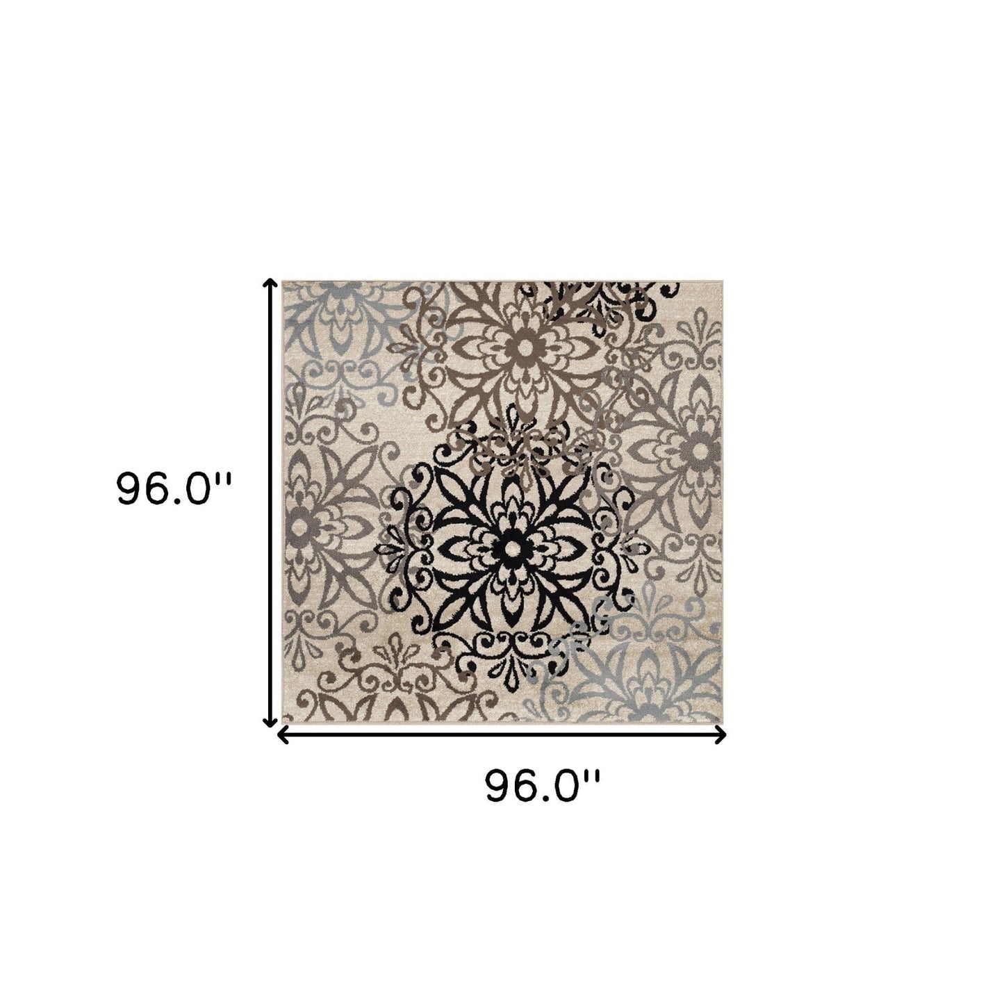 8' Square Tan Gray And Black Square Floral Medallion Stain Resistant Area Rug