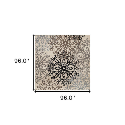8' Square Tan Gray And Black Square Floral Medallion Stain Resistant Area Rug