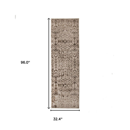 8' Bronze Floral Vines Power Loom Stain Resistant Runner Rug