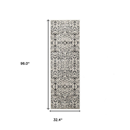 8' Platinum Floral Vines Power Loom Stain Resistant Runner Rug