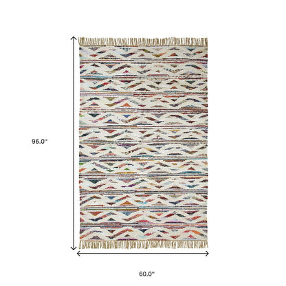 5' X 8' White And Southwest Palette Geometric Hand Woven Area Rug