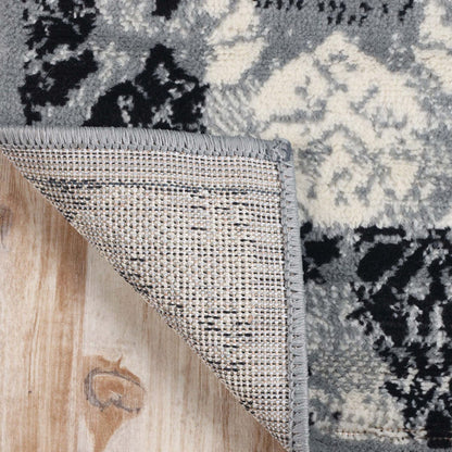 8' Black And Gray Damask Power Loom Distressed Stain Resistant Runner Rug