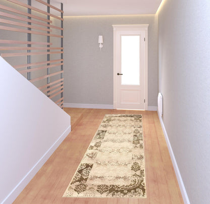 8' Beige Damask Power Loom Distressed Stain Resistant Runner Rug