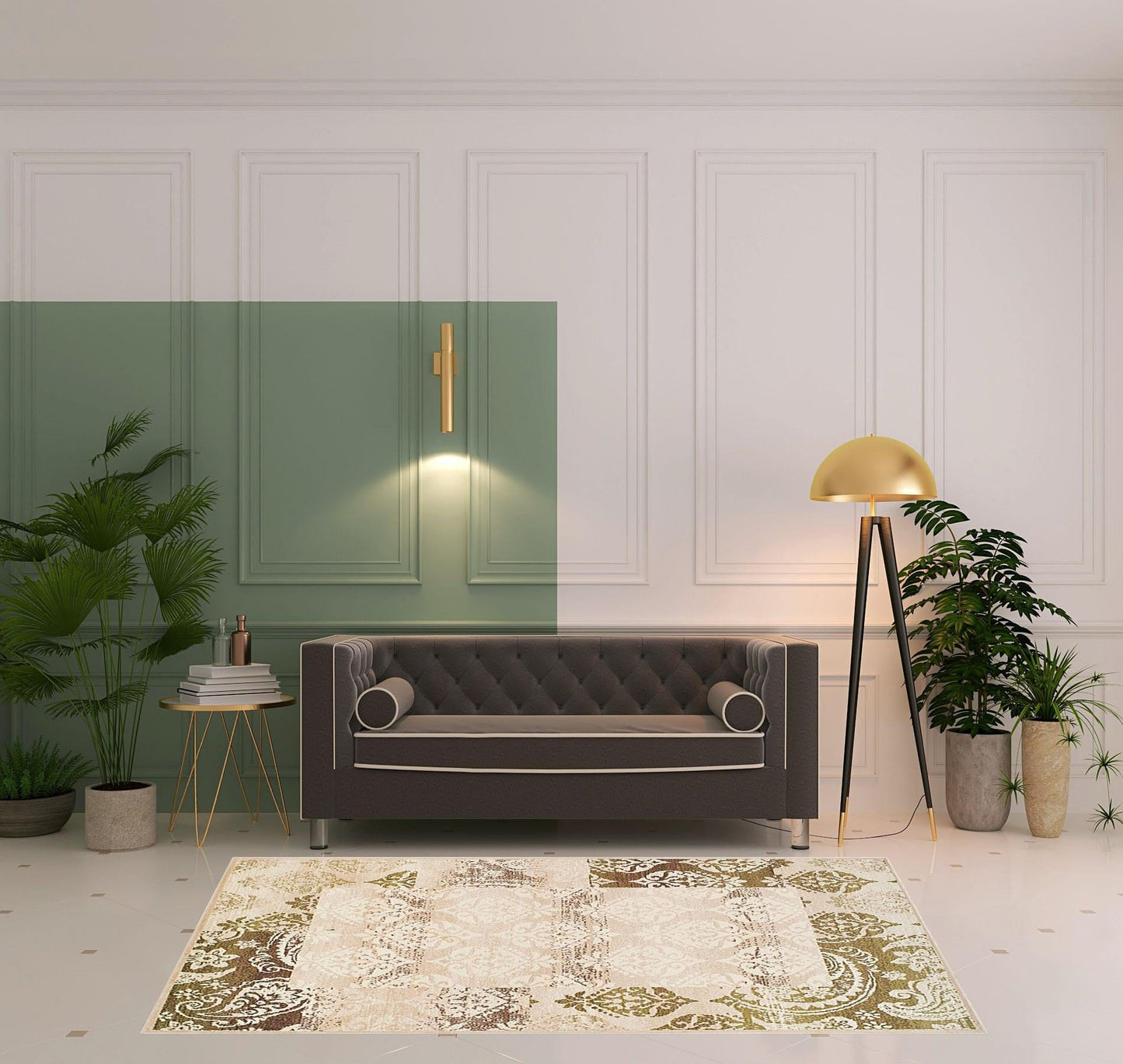 5' X 8' Beige Damask Power Loom Distressed Stain Resistant Area Rug