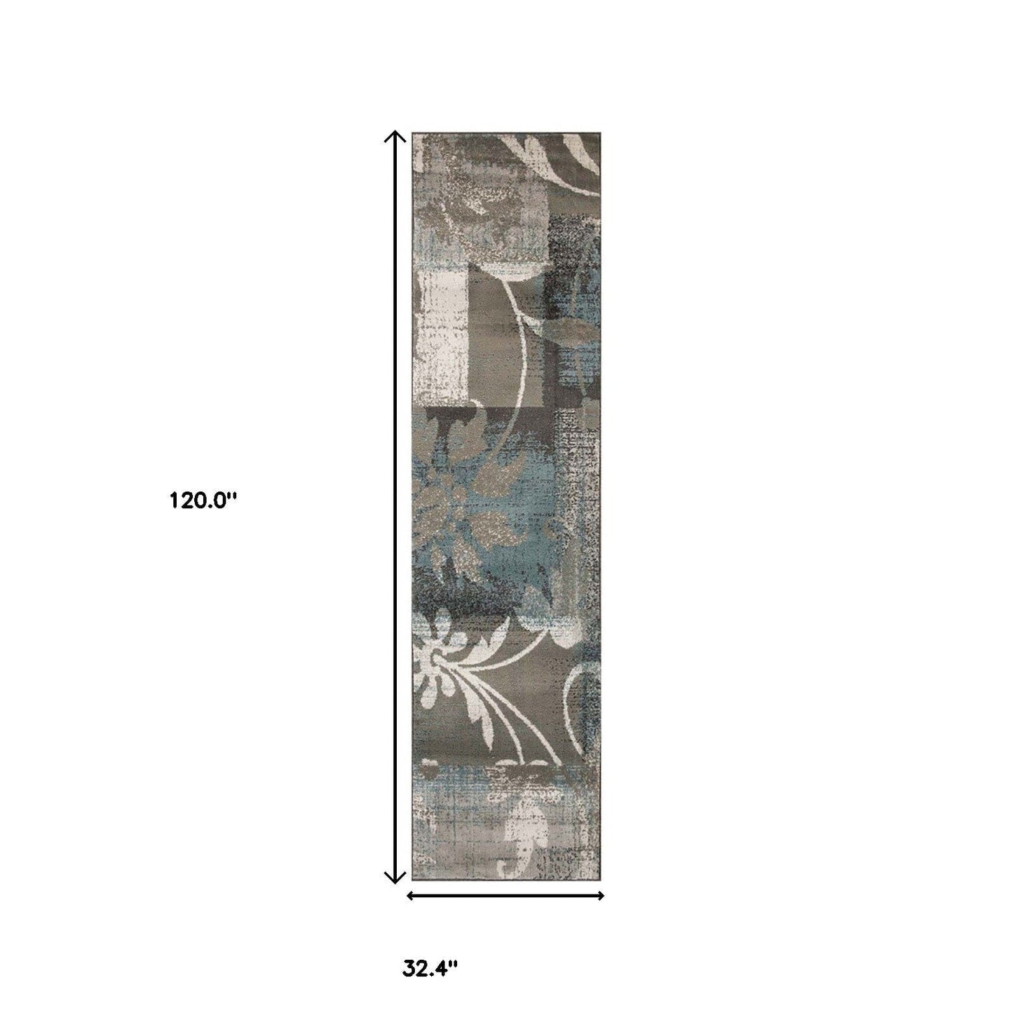 10' Teal Gray And Tan Floral Power Loom Distressed Stain Resistant Runner Rug