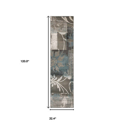 10' Teal Gray And Tan Floral Power Loom Distressed Stain Resistant Runner Rug