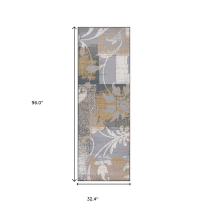 8' Beige And Gray Floral Power Loom Distressed Stain Resistant Runner Rug