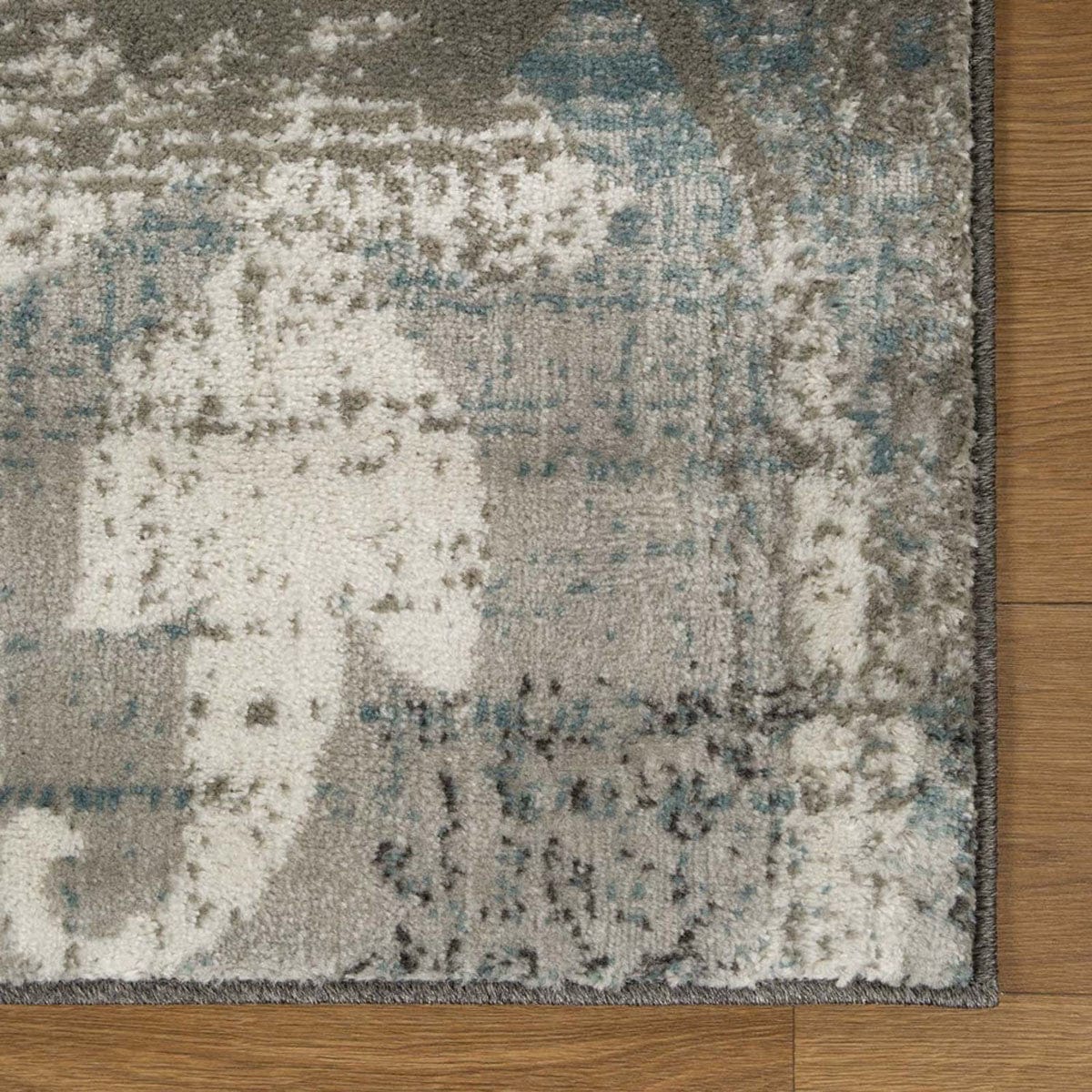 8' Teal Gray And Tan Floral Power Loom Distressed Stain Resistant Runner Rug