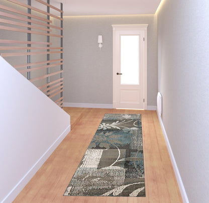 8' Teal Gray And Tan Floral Power Loom Distressed Stain Resistant Runner Rug