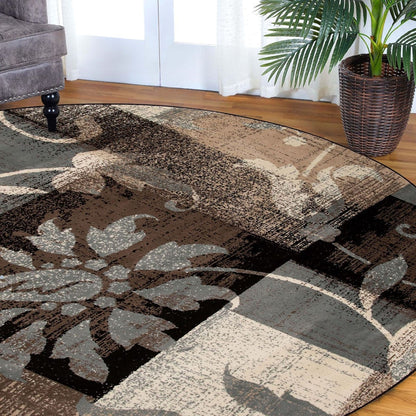8' Round Beige And Gray Round Floral Power Loom Distressed Stain Resistant Area Rug