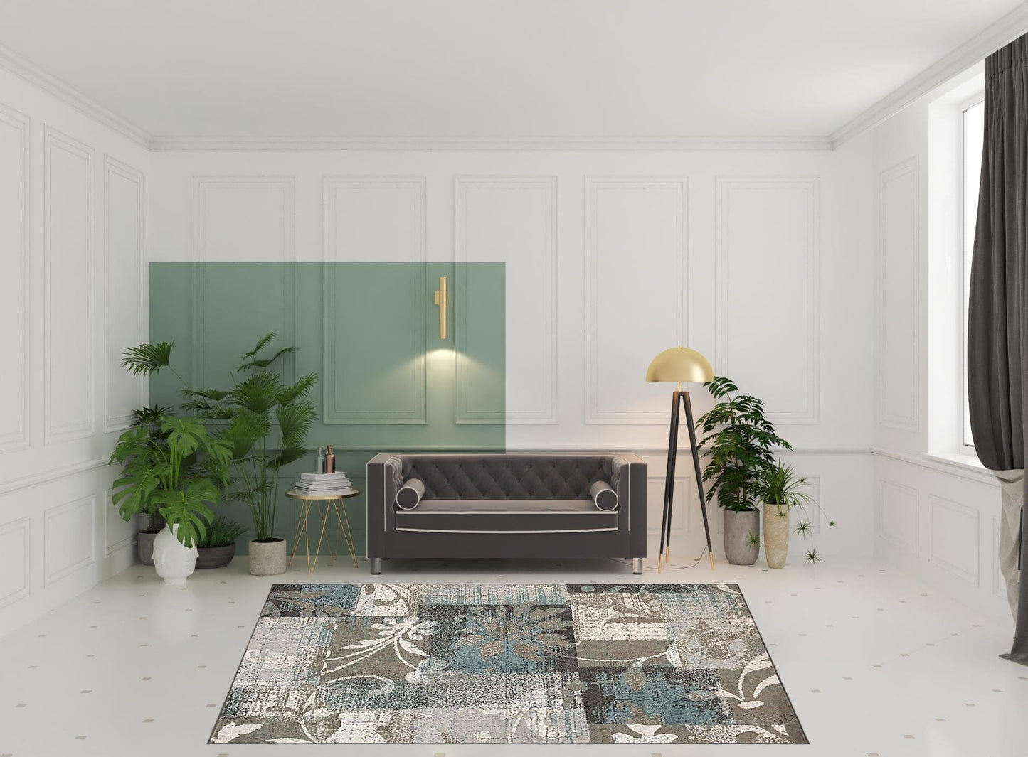 8' X 10' Teal Gray And Tan Floral Power Loom Distressed Stain Resistant Area Rug