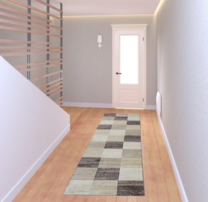 8' Beige Geometric Power Loom Stain Resistant Runner Rug