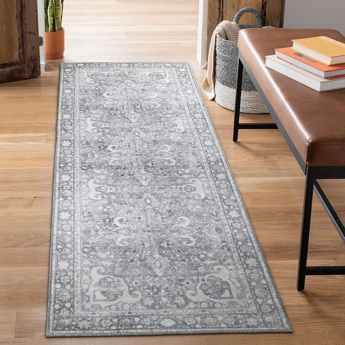 8' Charcoal Medallion Power Loom Stain Resistant Runner Rug