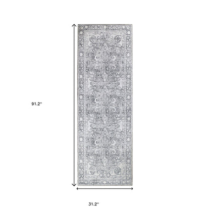 8' Charcoal Medallion Power Loom Stain Resistant Runner Rug