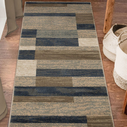 10' Midnight Navy Patchwork Power Loom Stain Resistant Runner Rug