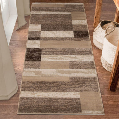 8' Beige Patchwork Power Loom Stain Resistant Runner Rug