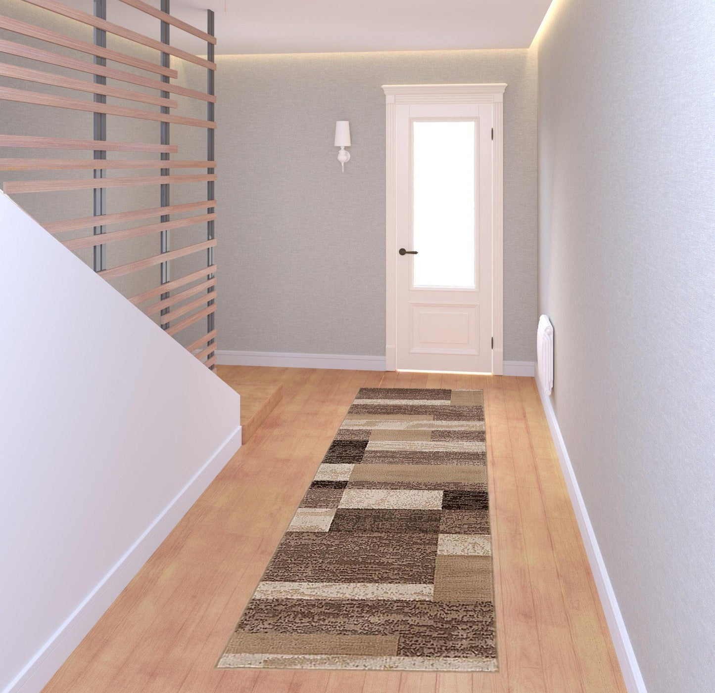 8' Beige Patchwork Power Loom Stain Resistant Runner Rug