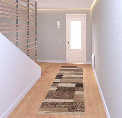 8' Beige Patchwork Power Loom Stain Resistant Runner Rug