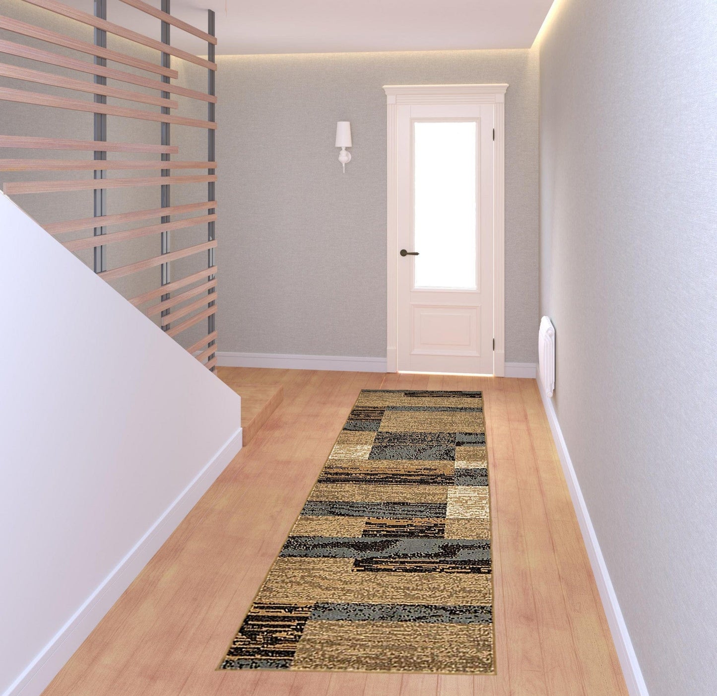 8' Light Blue And Beige Patchwork Power Loom Stain Resistant Runner Rug