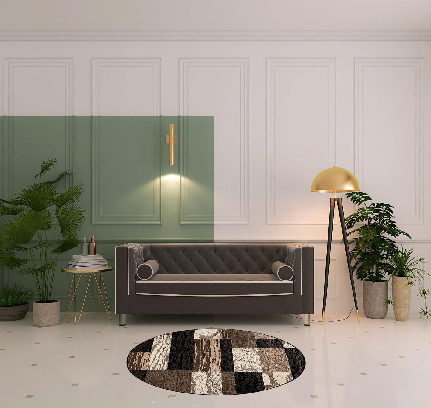 5' Round Chocolate Round Patchwork Power Loom Stain Resistant Area Rug