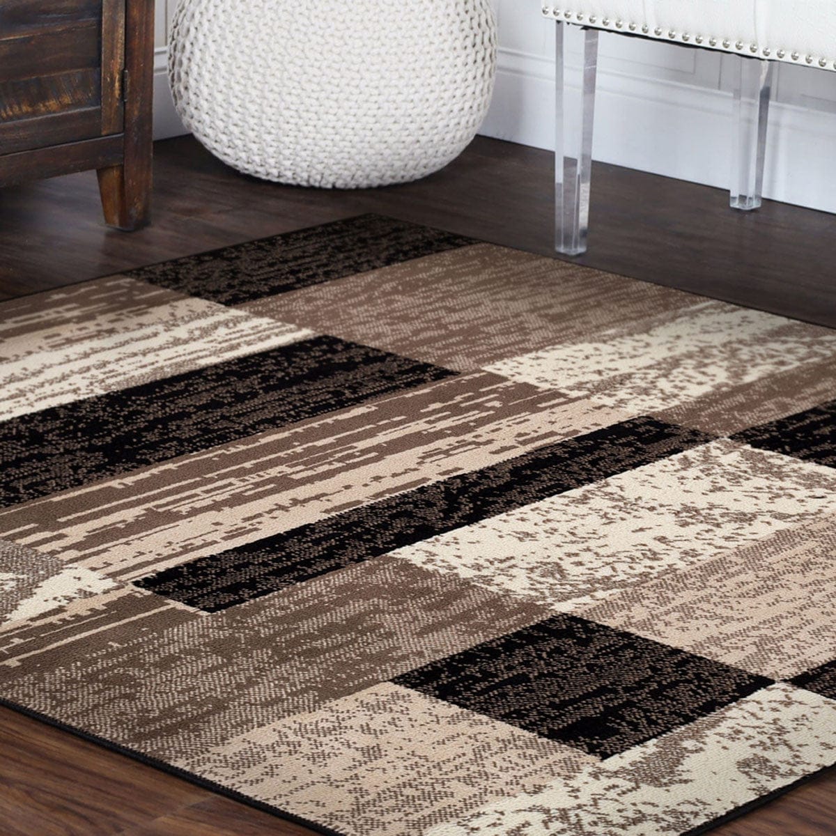 5' Square Chocolate Square Patchwork Power Loom Stain Resistant Area Rug
