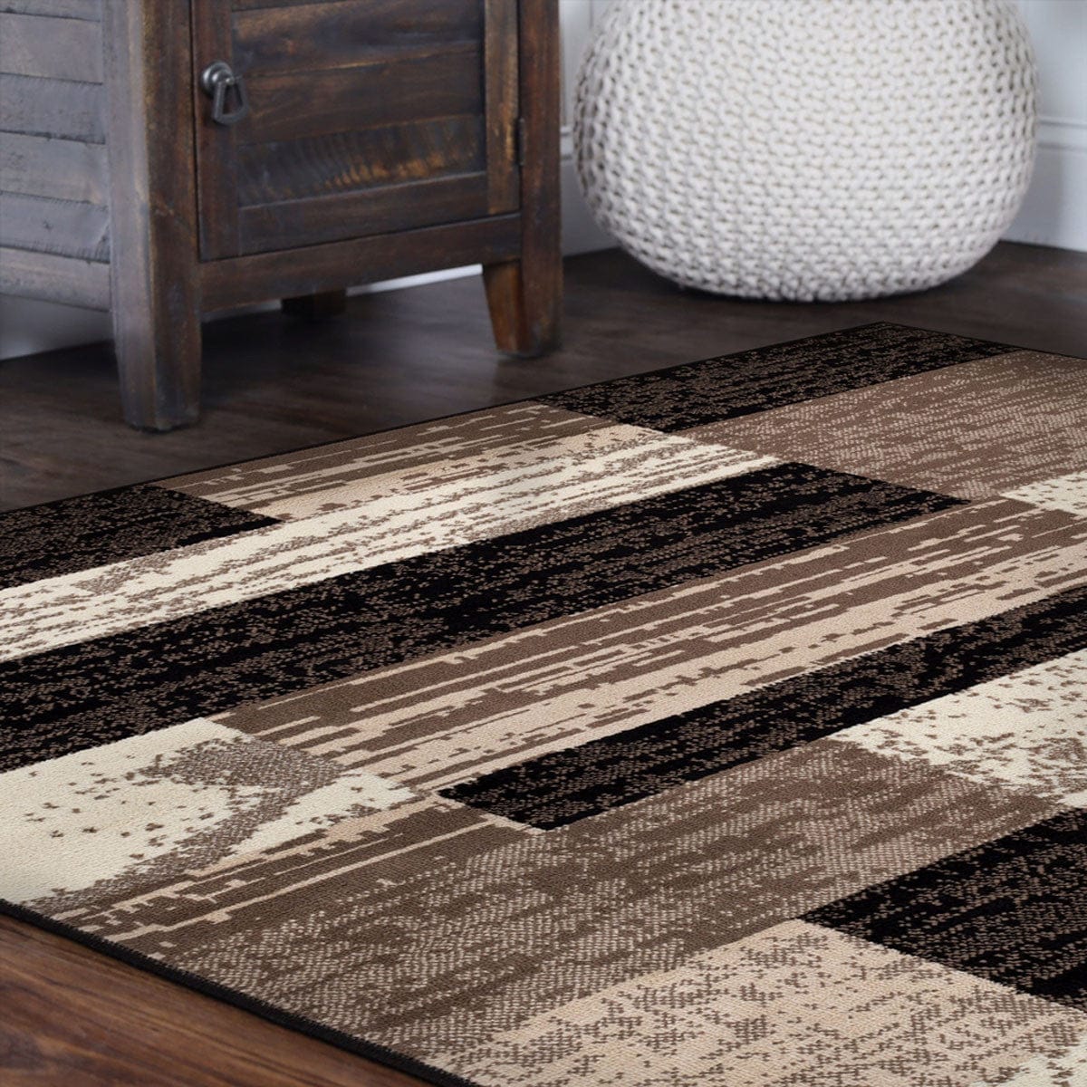5' Square Chocolate Square Patchwork Power Loom Stain Resistant Area Rug