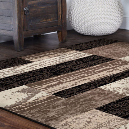 5' Square Chocolate Square Patchwork Power Loom Stain Resistant Area Rug