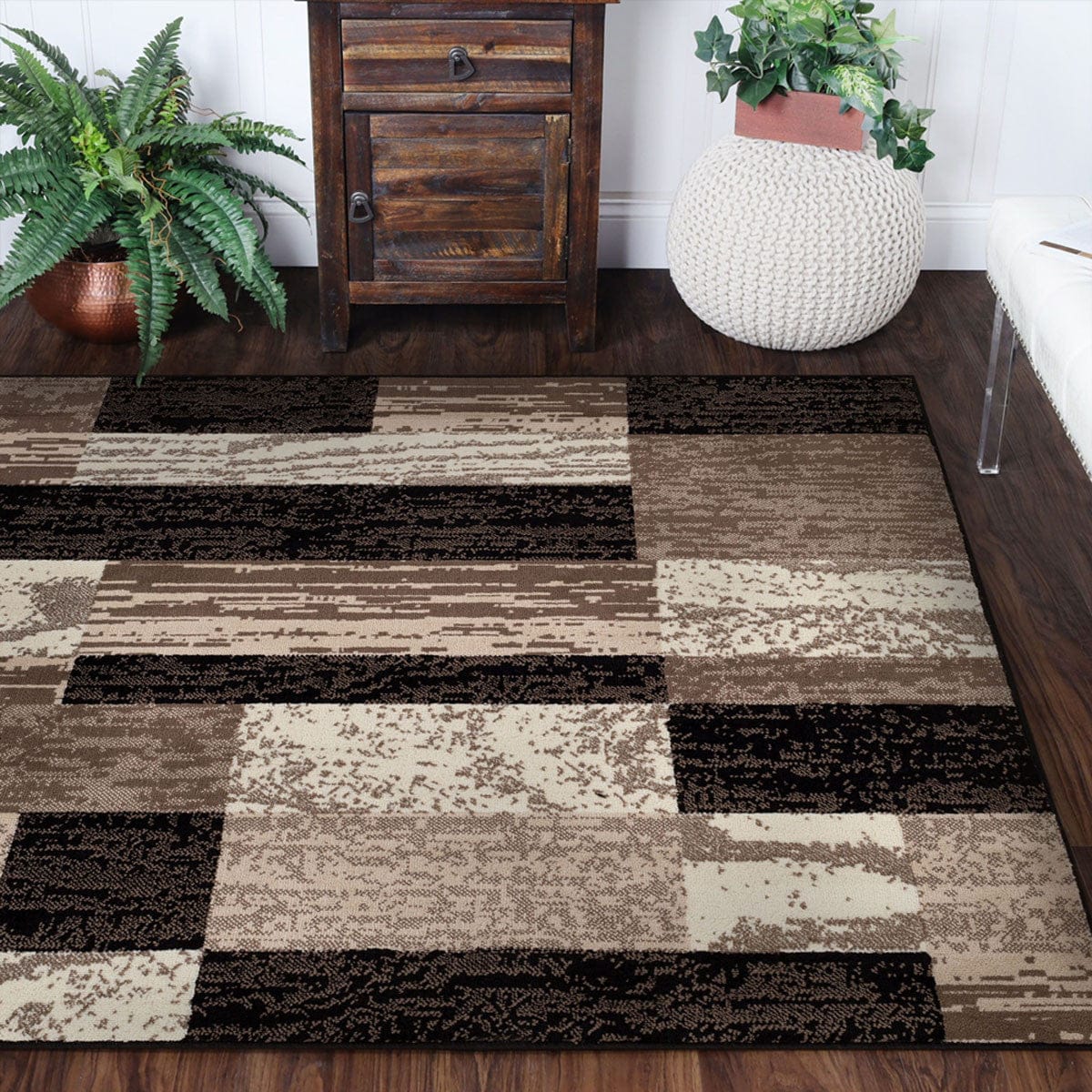 5' Square Chocolate Square Patchwork Power Loom Stain Resistant Area Rug