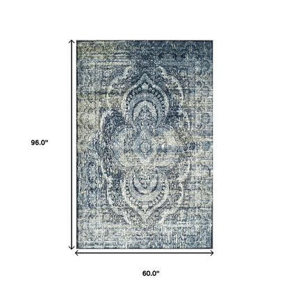 5' X 8' Taupe Abstract Power Loom Distressed Stain Resistant Area Rug