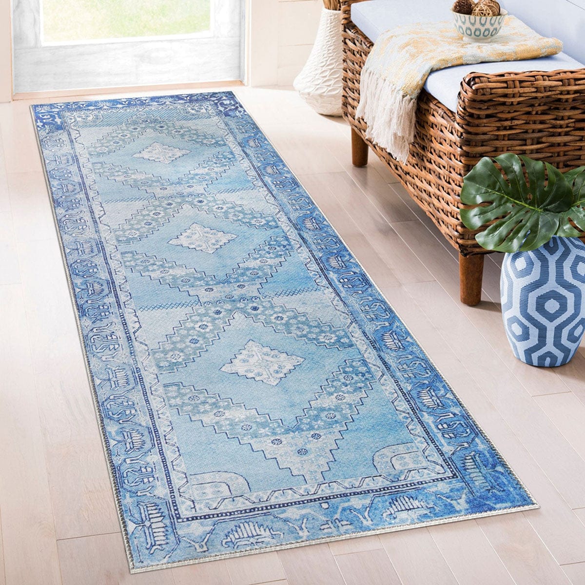 8' Shades Of Blue Geometric Power Loom Distressed Stain Resistant Non Skid Runner Rug