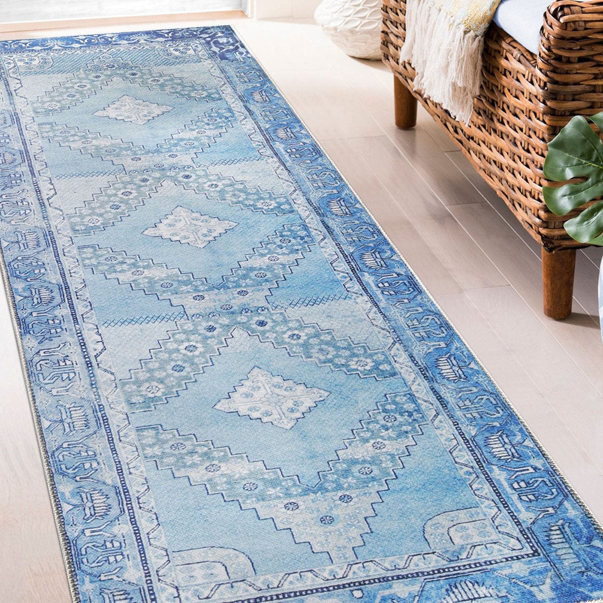 8' Shades Of Blue Geometric Power Loom Distressed Stain Resistant Non Skid Runner Rug