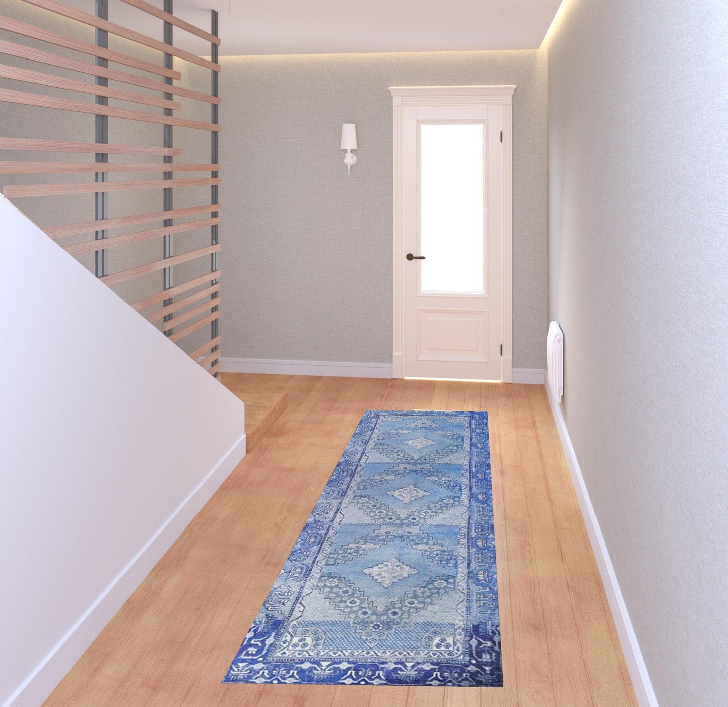 8' Shades Of Blue Geometric Power Loom Distressed Stain Resistant Non Skid Runner Rug