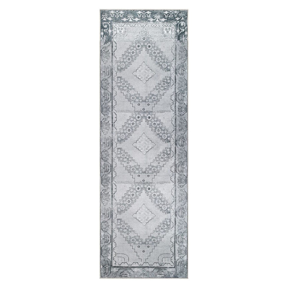 8' Light Gray Geometric Power Loom Distressed Stain Resistant Non Skid Runner Rug