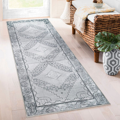8' Light Gray Geometric Power Loom Distressed Stain Resistant Non Skid Runner Rug