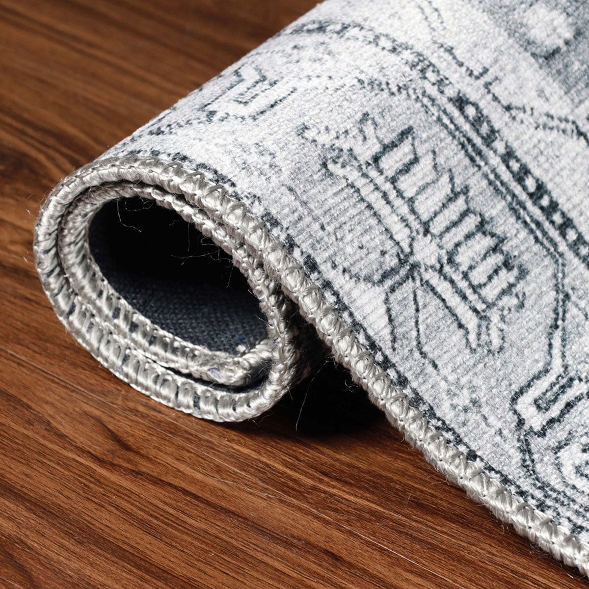 8' Light Gray Geometric Power Loom Distressed Stain Resistant Non Skid Runner Rug