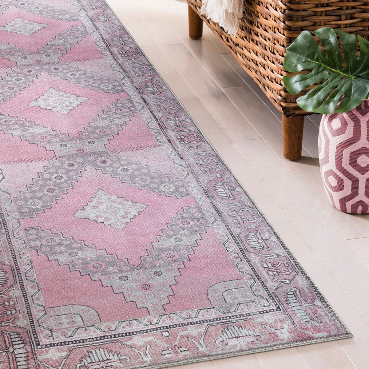 8' Pink Geometric Power Loom Distressed Stain Resistant Non Skid Runner Rug