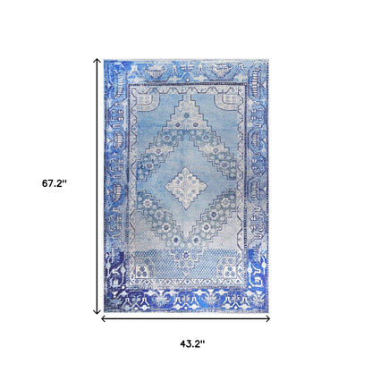 4' X 6' Shades Of Blue Geometric Power Loom Distressed Stain Resistant Non Skid Area Rug