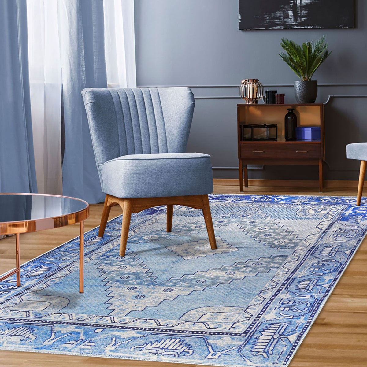 6' X 9' Shades Of Blue Geometric Power Loom Distressed Stain Resistant Non Skid Area Rug